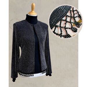 XSCAPE Sparkly Metallic Beaded Tassel Formal Cardigan Jacket with Shoulder Pads